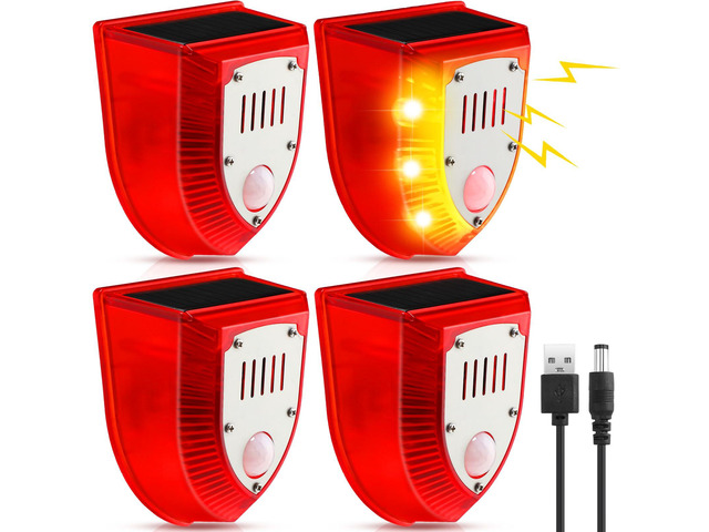 4 Pcs Solar Alarm Motion Detector with Sound Outdoor Motion Sensor 129db Barking Dog Strobe Light Gunshot Sound Alarm Detector Noise Maker Warning...