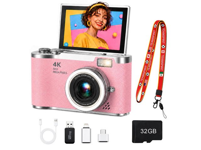 4K Digital Camera with Flip Screen, 4800W Point and Shoot Digital Cameras for Photography, 180° Rotating Selfie Camera with 32GB SD Card,Neck...