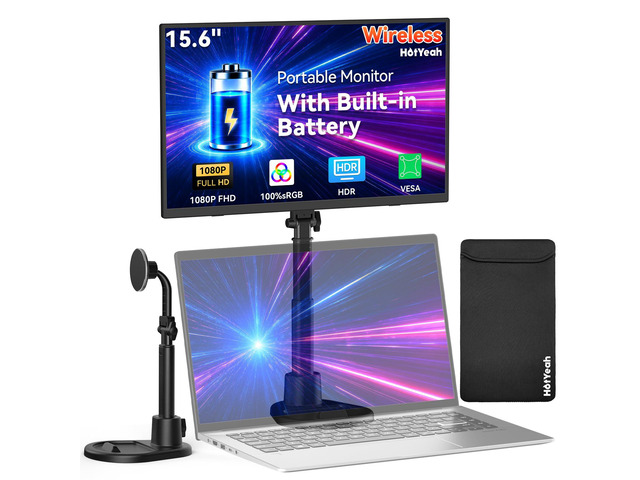 15.6' 1080P Wireless Portable Monitor Battery-Powered with Magnetic Stand Support AirPlay Miracast, USB-C HDMI Travel Display, 2nd Screen for...