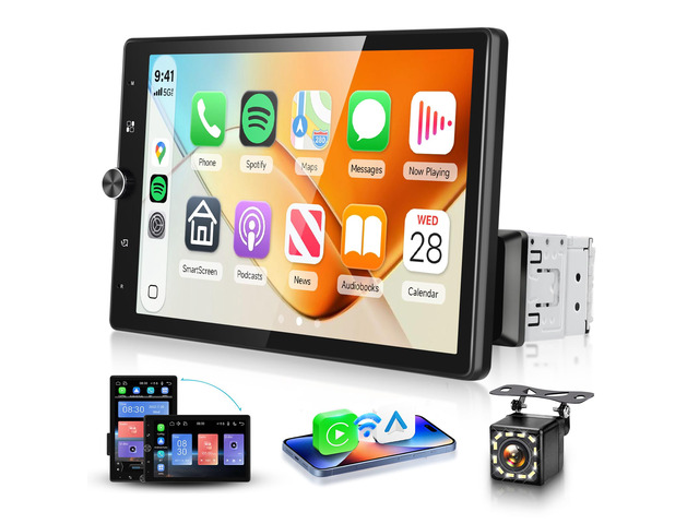 10.4'' Single Din Car Stereo with Wireless CarPlay Android Auto, HD Rotation Touchscreen Radio with Bluetooth, USB, Mirror Link, SWC, Car Play,...