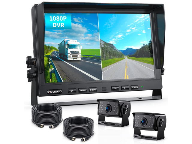 HD Wired Backup Camera System Kit,10 inch Dual Split Screen Monitor with Recording IP69 Waterproof Front View Rear View Cameras Parking Lines for...