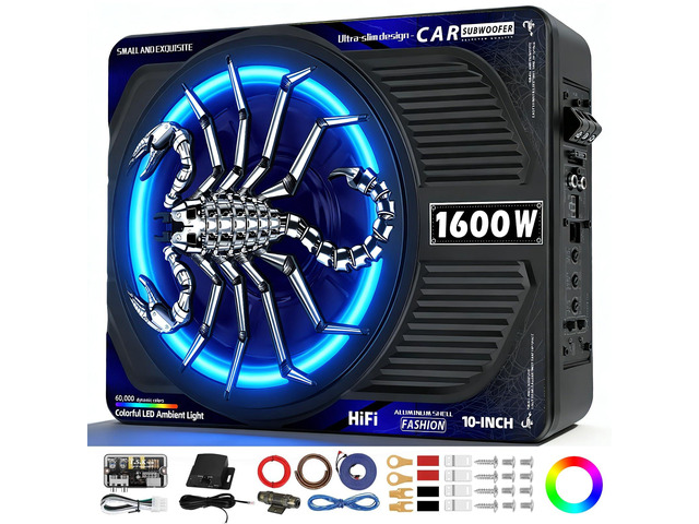 1600W Slim Underseat Car Subwoofer and Amp Package, Powered Car Subwoofer with Built-in Amp, Subsonic Deep Bass, RGB Beat Light, Low Pass/Gain/Bass...