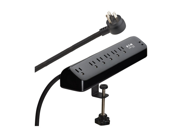 Eaton series Desk Clamp Power Strip Surge Protector, 6-Outlets, 2x 30W USB-C Charging Ports, 900 Joules, 10ft Braided Flat Extension Cord,...