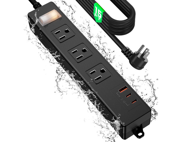 15FT Outdoor Waterproof Power Strip Overload Protector with 3AC Outlets 2 USB-C 1 USB-A Power Switch Safety Lock, ETL Certified for Patio Garden...