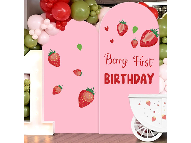 Set of 2 Arch Backdrop Cover 7.2FT, 6FT Pink and Berry First Birthday Decal Sign - Adjustable Round Top Chiara Backdrop Stand Covers for Wedding...