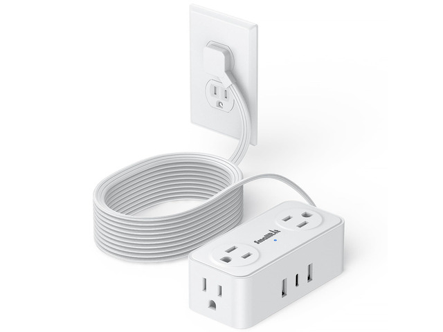 10 Ft Power Strip with 4 Outlets 3 USB Ports Extension Cord, Flat Plug Charging Station for Home Office Desk & College Dorm Essentials, White