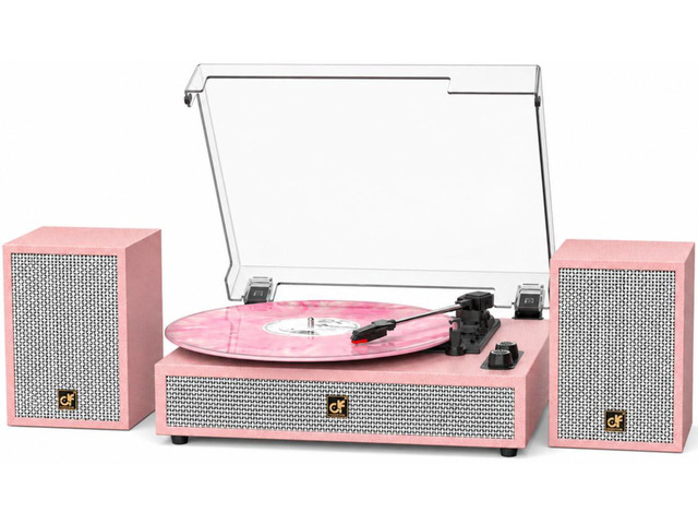 TE-2028 Pink Bluetooth Record Player with External Speakers Belt-Drive Turntable for Vinyl Records Dual Stereo Speakers LP Players Support 3 Speed...