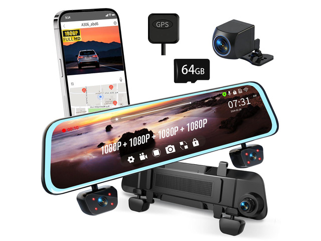 Mirror Dash Cam 4 Channel Dash Cam Front and Rear/Inside, Touch Screen 12 FHD 1080Px4 Rear View Mirror Camera, 8 IR Night Vision, Built-in WiFi,...
