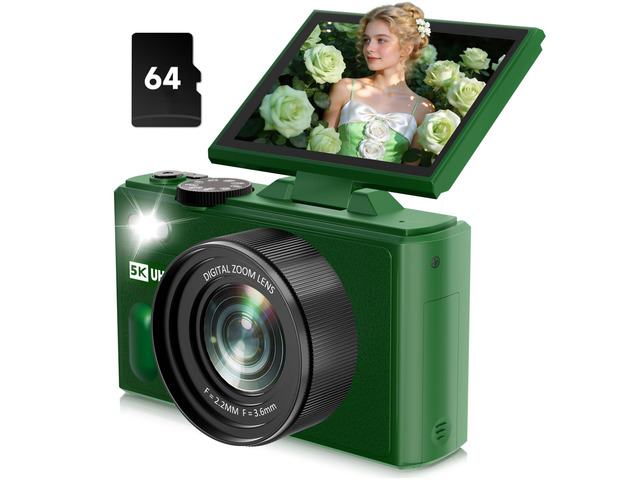 Digital Camera, 5K 80MP Camera Digital with 3' 180° Flip Screen with 18X Zoom, 64GB SD Card, Compact Travel Camera for YouTube with Anti-Shake,...