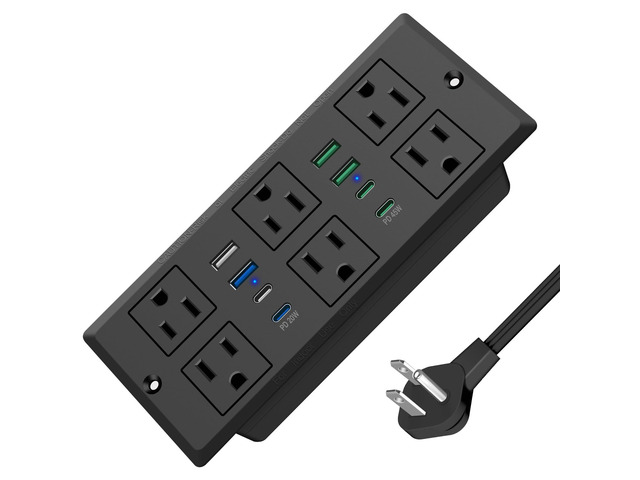 45W Recessed Power Strip, Flush Mount, 6AC Outlet, 8USB Ports, 1200J 6FT 45Â° Flat Plug Cord, Furniture Hidden Charger Station, Recessed Outlet,...
