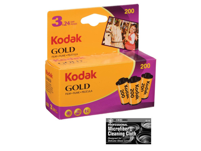 Kodak Gold 200 Color Negative Film (35mm Roll Film, 24 Exposures) - 3-Pack with Microfiber Cleaning Cloth