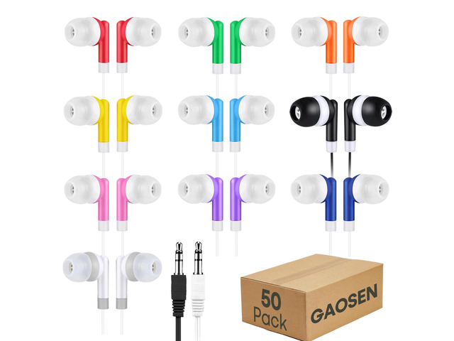 50 Pack Bulk Kids Earbuds for School Classroom, Multi Colored Student Wired Headphones with 3.5 mm Jack in Ear Earphones for Computer Chromebook...