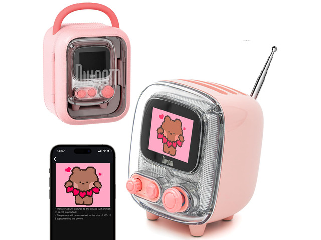 Tiivoo-2 Retro Bluetooth Speaker, FM Radio, Pixel Art Display, Pink Alarm Clock, Portable Mini Wireless Speaker, Cute Vintage Desk Decor Gift