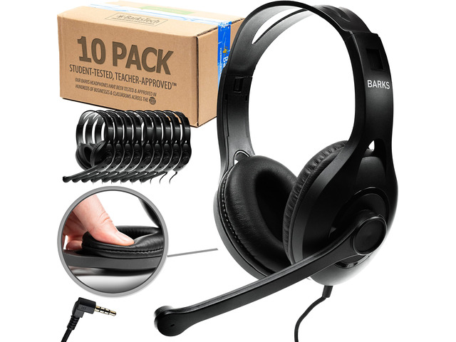 Classroom Headphones with Microphone Bulk 10 Pack (Black, 3.5mm) Durable Everyday Student Use, Headsets with Mic, Adjustable Fit All-Day Comfort,...