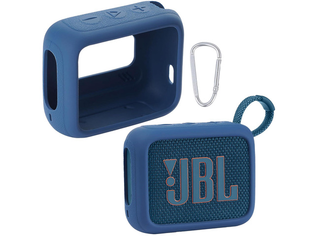 for JBL Go 4 Waterproof Bluetooth Speaker Silicone Cover, Blue Snug Fit, Portable Carabiner Clip, Shock Absorption, Drop Protection, Travel...