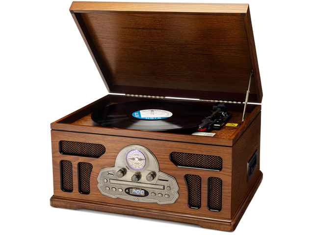 All-in-One Turntable with 3-Speed Record Player, Bluetooth, CD, Cassette Tape, AM/FM Radio, USB, Built-in Speakers, Handmade Wooden Exterior
