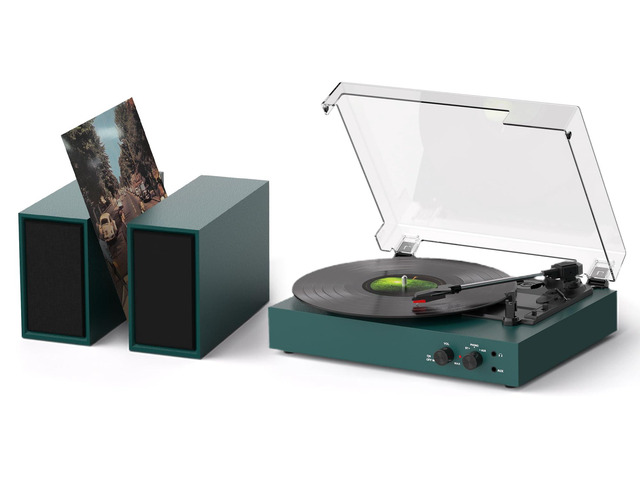 Retro Bluetooth Record Player with External Speakers, 3-Speed Belt-Drive Turntable, USB to PC Recording, AUX & RCA Output, Auto Stop, Vintage Vinyl...