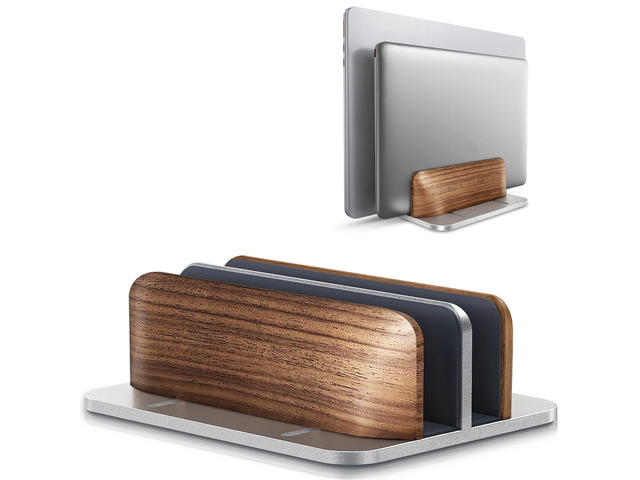 Vertical Laptop Stand, Dual Slot Wooden + Aluminum Laptop Holder Desktop Adjustable MacBook Stand, Adjustable Base, for MacBook Pro/Air, (up to...