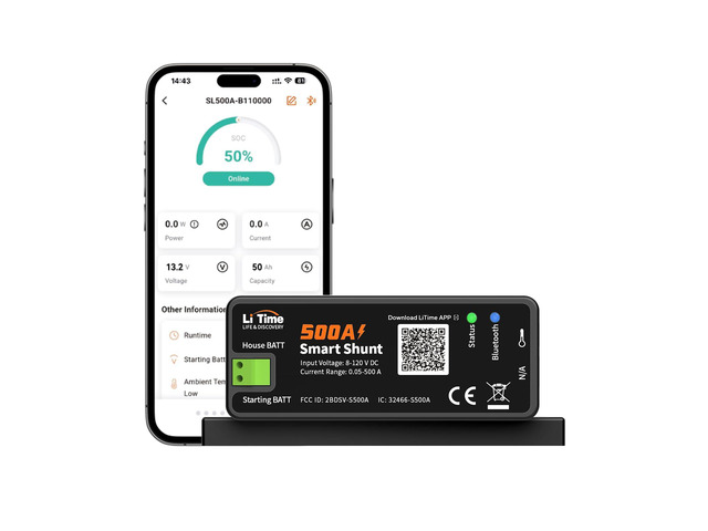 500A Smart Shunt, Bluetooth Battery Monitor Range 8V-120V, SOC, Alarm Alerts, History Records, App Monitoring for Lithium, LFP, AGM, Gel Batteries,...