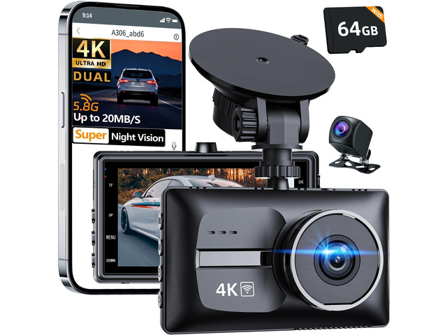 X18 4K Dash Cam Front and Rear, 4K+1080P Dual STARVIS 2 Dash Camera for Cars, Free 64GB Card (256GB Max), 5.8GHz WiFi Up to 20MB/s, WDR Night...