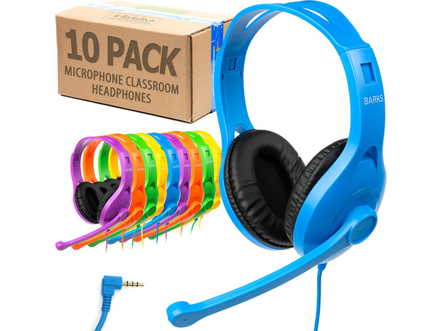 Classroom Headphones with Microphone Bulk 10 Pack (Colors, 3.5mm) Durable Everyday Student Use, Colorful Class Sets, Headsets with Mics,...