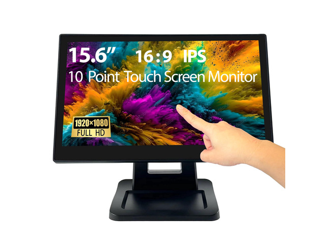 15.6 Inch 1920 x 1080 FHD IPS Touchscreen POS Monitor with Metal Stand, 10 Points Touch HDMI VGA, Waterproof Dustproof Screen 1080P, Indusitrial,...