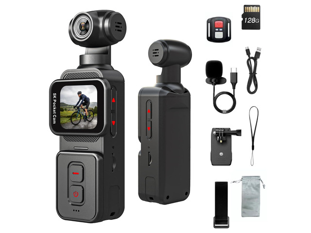 5K Pocket Vlogging Camera Body Camera with Microphone, 5K/20FPS and 4K/60FPS, 1.69'' Touchscreen, 270° Rotating Lens, Face Tracking, Wi-Fi, 6-Axis...