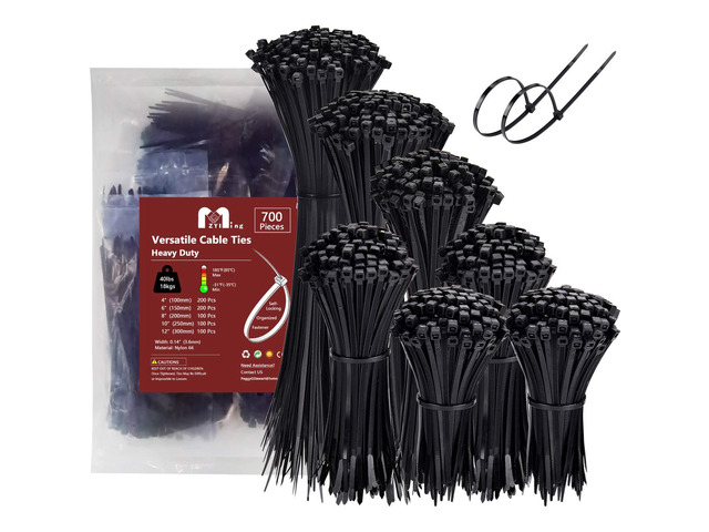 Zip Ties Assorted Sizes 700 Pack 4+6+8+10+12 Inch Cable Ties Heavy Duty 40lbs Plastic Wire Ties UV Resistant Zipties Black Small Zip Tie Wraps...
