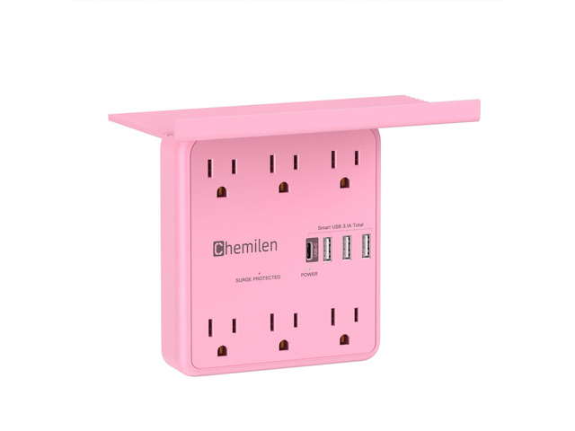 Wall Charger with Shelf 6 Outlet Extender with 4 USB Ports, ETL Listed Pink Power Strip with Adapter Spaced Outlets - Multi Plug Outlet Surge...