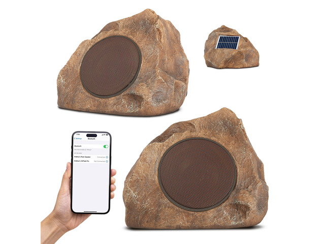 Outdoor Rock Speaker Solar-Powered Wireless Bluetooth 5.0 Portable Speaker Weatherproof for Patio, Pool, Deck, Yard, Garden and Home (Brown, 2-Pack)