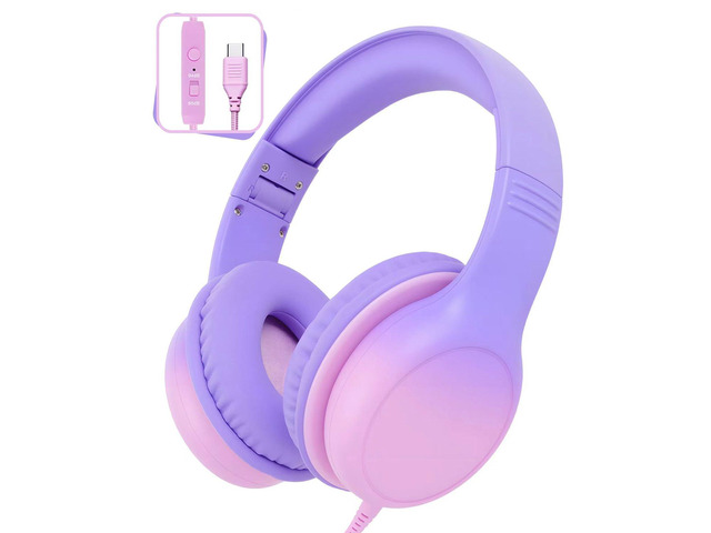 USB C Over Ear Kids Headphones with HD Mic, Safe Volume Limited Wired Headphones for School, Travel, Stereo Sound, Foldable Headphones for iPad,...