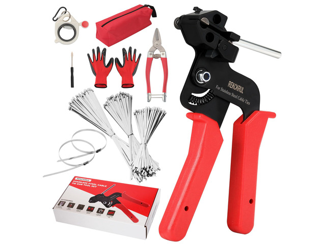 Stainless Steel Cable Tie Gun Set Metal Zip Tie Tool Kit (Red) Heavy Duty, 150PCS Self-Locking Ties, Adjustable Fastening & Cutting Tool for...