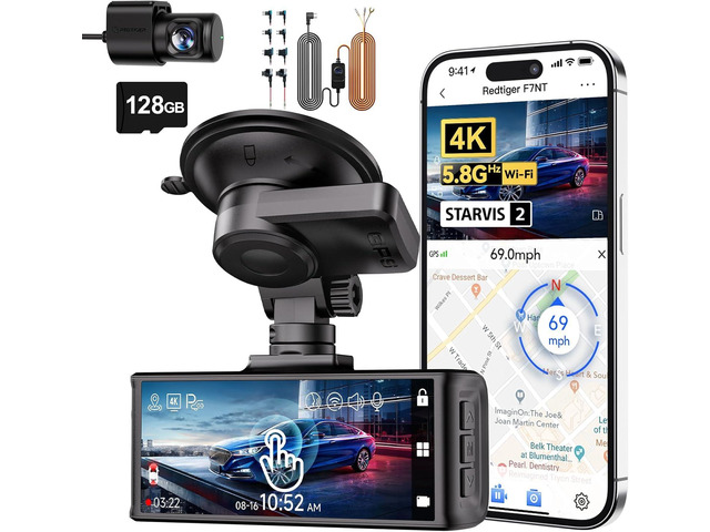 F7N Touch & Acc Hardwire Kit, 4K Dash Cam Front and Rear, STARVIS 2 Sensor, Touch Screen 3.18', 128GB Card Included, Voice Control, 5.8GHz WiFi Car...