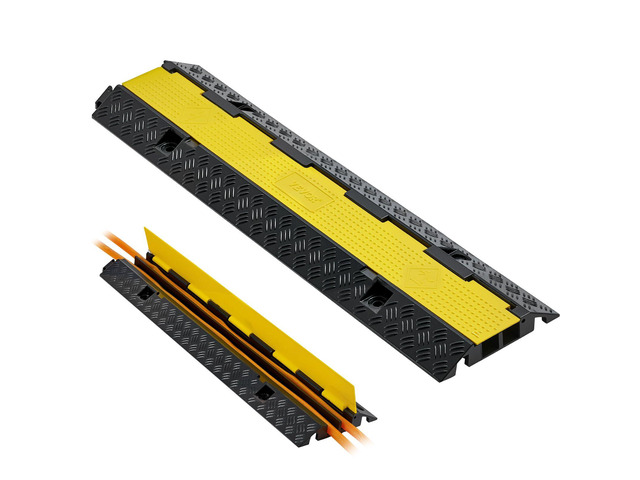 Cable Protector Ramp, 22,000 lbs/axle Capacity, 2 Channel Heavy Duty Rubber Cord Hose Wire Cover, 1.3 x 1.2 in Channel, Traffic Speed Bump with...