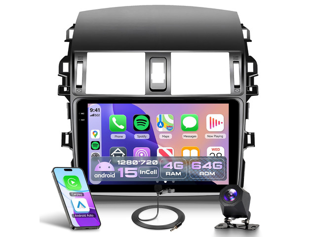 4G+64G Carplay Radio for Toyota Corolla 2009 2010 2011 2012 2013, Android 15 Car Stereo Android auto GPS WiFi 9 Touch Screen BT/FM Mirror Link RCA...