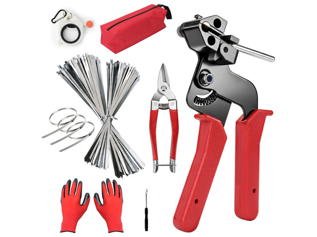 Metal Zip Ties Gun Set, 200Pcs Stainless Steel Cable Ties, Red Heavy Duty Stainless Steel Cable Tie Gun Kit with 8 inch & 12 Inch Zip Ties for...