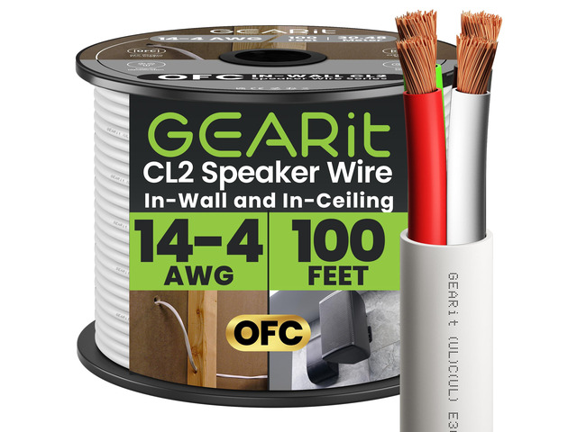 in Wall Speaker Wire,OFC Speaker Wire 14 Gauge 100FT UL CL2 Rated 14 Gauge 14/4 Speaker Wire with Foot Markers,Polarity Marked for In-Wall Home...