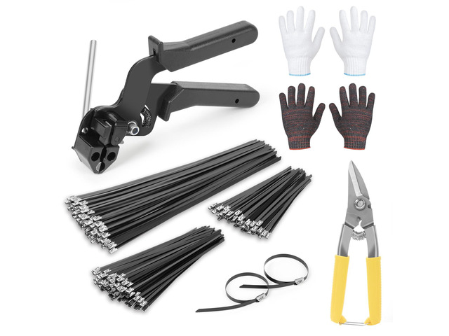 Stainless Steel Cable Tie Gun Set, with 300PCS Black Metal Zip Ties (100 Each of 6, 8, 11.8 Inch), Adjustable Fastening Cutting Tie Tool Sets for...
