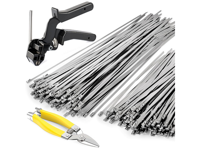 Stainless Steel Cable Tie Gun Kit + 200 Pcs Metal Zip Ties All-In-One Dual-Size (11.8' & 7.8') Fastener Set with Industrial Shears for Farm Fence...