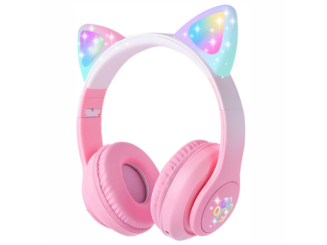 Cat Ear Kids Bluetooth Headphones for Girls Children Teens, LED Light Up Wireless/Wired Mode Foldable Stereo Girls Headphones with Built-in Mic for...
