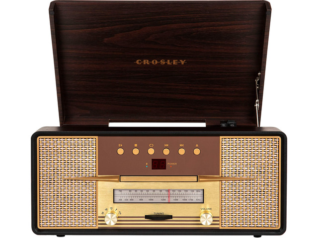 CR7016A-MA Rhapsody 7-in-1 Record Player, Mahogany 3-Speed Turntable, Bluetooth In, Built-in Full-Range Stereo Speakers, AM/FM Radio, CD Player