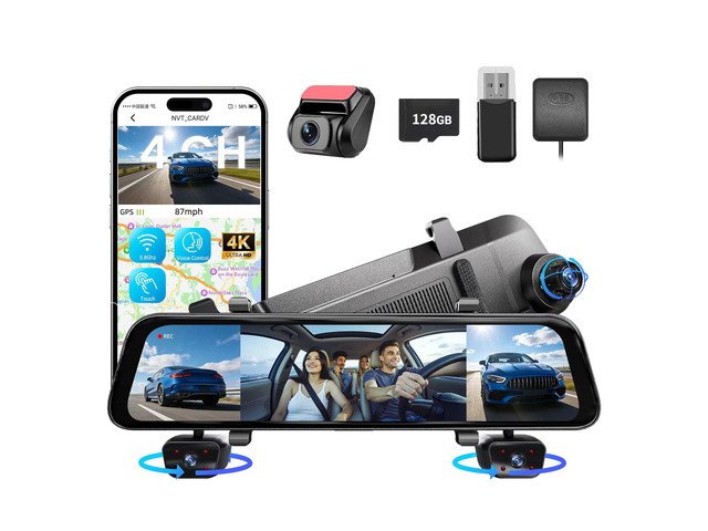 12' 4K+1080Px3,4 Channel Mirror Dash Cam Front and Rear with STARVIS Sensor, Rear View Mirror Camera,Back up Camera for Cars,8 IR Night...