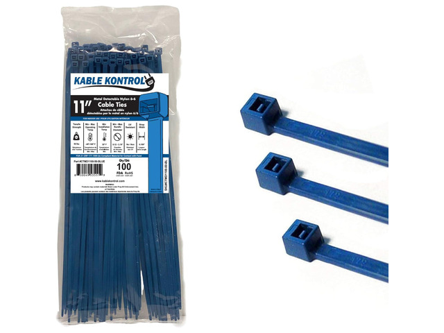 Metal Detectable Blue Zip Ties 100 Pcs, 11 Inch, 50 Lbs Test Iron Infused Cable Ties, Self-Locking, Metal Detector Compatible
