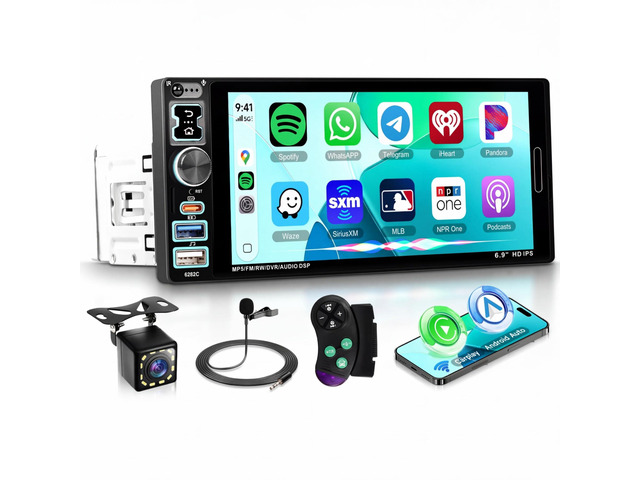 6.9 inch Single Din Car Stereo Wired Carplay Android Auto Car Radio with Bluetooth 5.2, Touch Screen Mirror Link FM/EQ USB-2/Type-C/SWC/MIC Car...