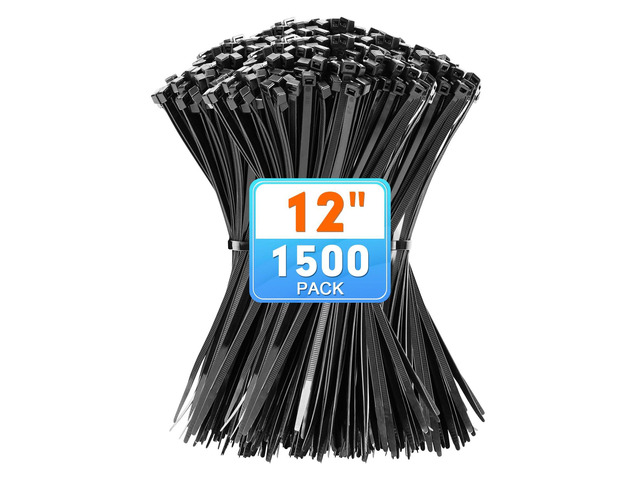 12 Inch Black Nylon Zip Ties, 1500 Pack Self-Locking 50lb Tensile