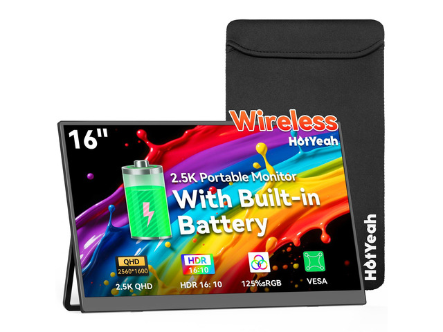 16' 2.5K Wireless Portable Travel Monitor with Built-in Battery(4-5H) Support AirPlay Miracast, 2560×1600P USB-C HDMI External Rechargeable...