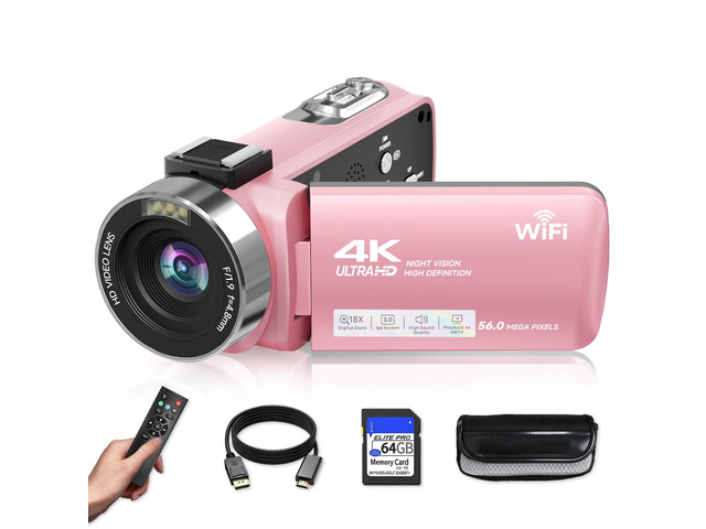 Video Camera, 4K Camcorder 56MP Digital Video Recorder 18X Zoom 3' 270° Rotation Touchscreen IR Night Vision, Wifi Vlogging Camera for YouTube 64GB...