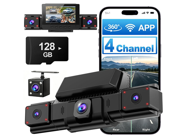 4 Channel Dash Cam,360° All-Around View Front Rear Left Right Inside Car Camera,3' IPS Screen,4-Way Dash Cam with 24H Parking Mode,8 IR Night...
