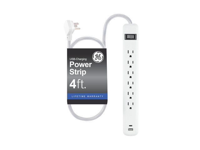 Power Strip with USB Ports, 4 Ft Extension Cord, 6 Outlet Extender 1 USB-A, 1 USB-C, Flat Plug, Wall Mount, On Off Switch, Braided Extension...