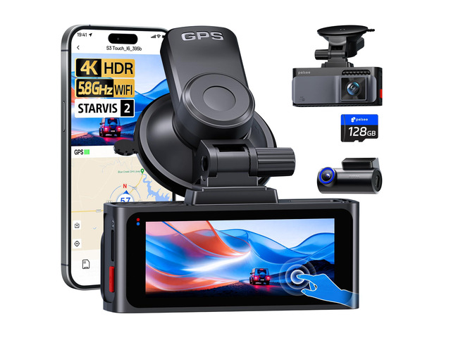 S3 Touch 4K Dash Cam Front and Rear, STARVIS 2 Sensor, 128GB Card STARLIT Full Color Night Vision,WiFi 6,ADAS,GPS,Dash Camera for Cars with...
